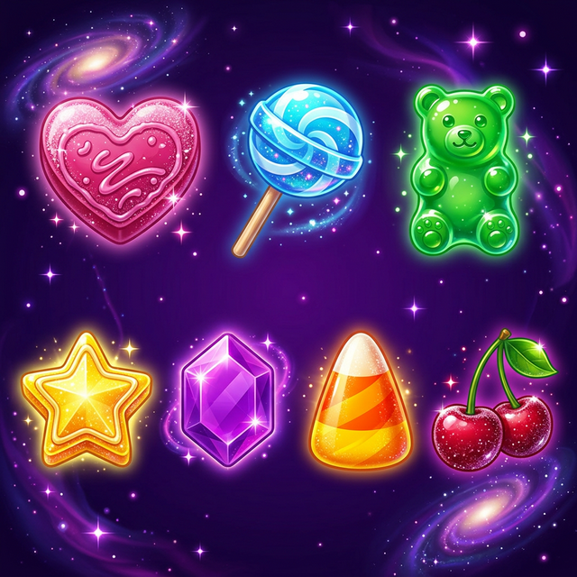 Todos los símbolos de Sugar Rush — caramelos, gummies, gemas, Wild y Scatter